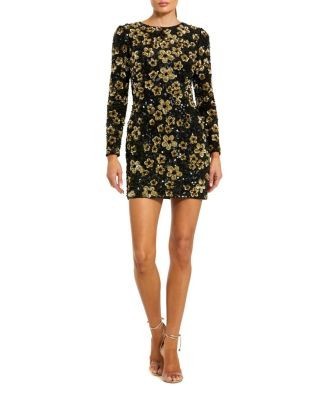 Mac Duggal Sequin Beaded Mesh High Neck Fringe Ankle Dress