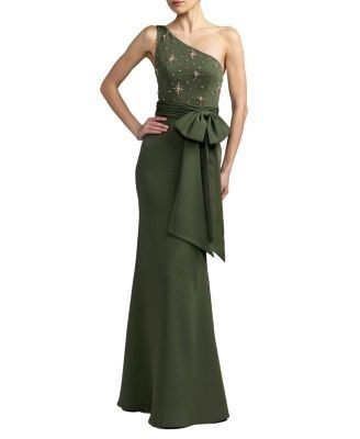 Mac Duggal Beaded One Shoulder Crepe Gown With Bow
