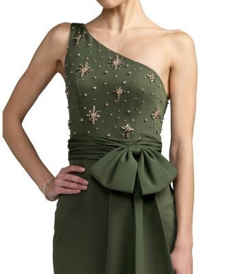 Mac Duggal Beaded One Shoulder Crepe Gown With Bow