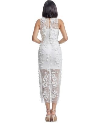 Dress the Population Helena High Neck 3D Floral Applique Sheer Overlay Midi Dress