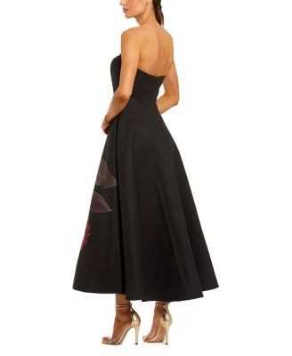 Mac Duggal Petite Strapless Crepe Floral Print A-Line Midi Dress with Pockets