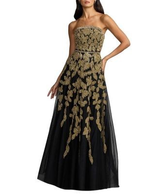 Mac Duggal Floral Embellished Strapless A-Line Gown