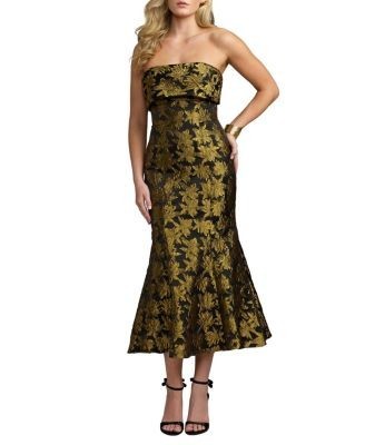 Mac Duggal Metallic Strapless Brocade Mermaid Midi Dress