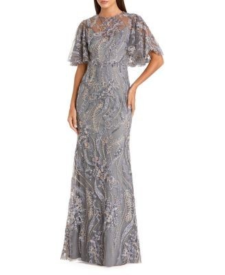 Mac Duggal High Neck Flutter Sleeve Floral Embroidered Gown