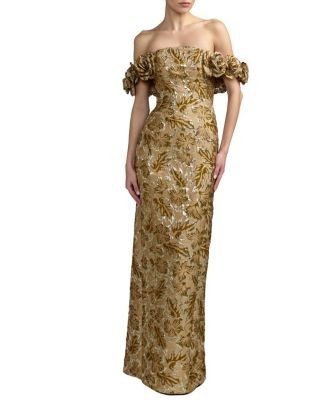 Mac Duggal Brocade 3D Flower Off The Shoulder Mermaid Gown