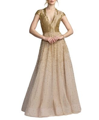 Mac Duggal V-Neck Beaded Tulle A-Line Gown