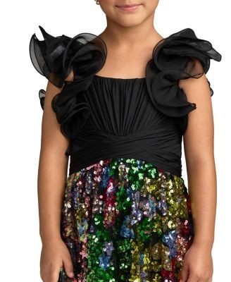 Mac Duggal Girls Ruffle Shoulder Sequin A Line Dress - Little Kid, Big Kid