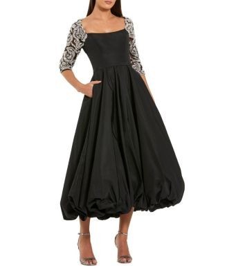 Mac Duggal Faille Bubble Hem Midi Dress With Beaded Sleeves