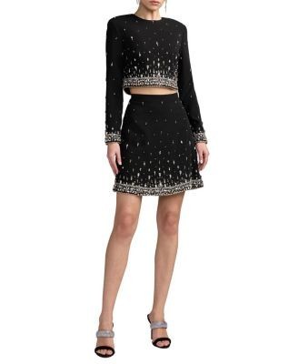Mac Duggal Beaded Crepe Long Sleeve Top And Mini Skirt Set