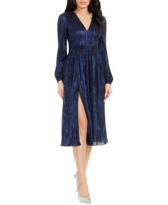 Dress the Population Holly Long Sleeve V-Neck Metallic Pleated Midi Dress