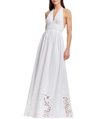 Dress the Population Nessie Halter Plunge V-Neck Lace Trim A-Line Gown