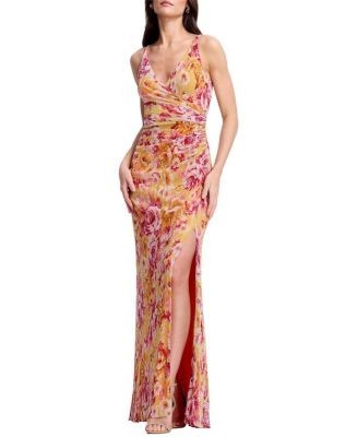 Dress the Population Jordan Plunge Neck Floral Print Ruched High Slit Gown