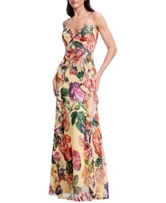 Dress the Population Jayden V-Neck Floral Print Cascade Ruffle Gown