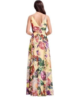 Dress the Population Jayden V-Neck Floral Print Cascade Ruffle Gown
