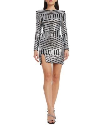 Dress the Population Nathalia Long Sleeve Geometric Sequin Stripe Mini Dress