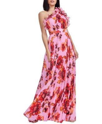 Dress the Population Vida One Shoulder 3D Floral Ruffle Pleated Gown