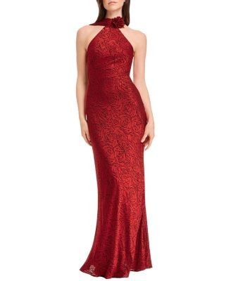 Dress the Population Olivia Halter High Neck Rose Print Rosette Gown