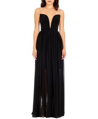 Dress the Population Eleanor Illusion Neck Plunge Bustier Chiffon Gown