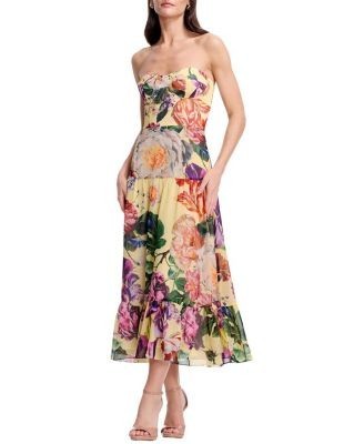 Dress the Population Prescott Strapless Sweetheart Floral Print Tiered Midi Dress