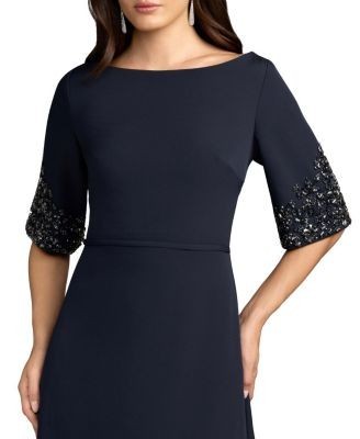 Mac Duggal A-Line Crepe Gown With Beaded Sleeves