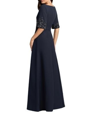 Mac Duggal A-Line Crepe Gown With Beaded Sleeves