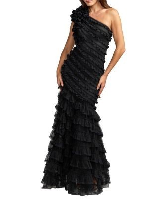 Mac Duggal Sleeveless One Shoulder Lace Trim Ruffle Gown