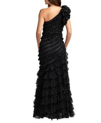 Mac Duggal Sleeveless One Shoulder Lace Trim Ruffle Gown