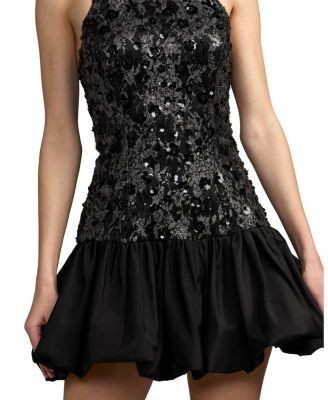 Mac Duggal Beaded Lace Mock Neck Bubble Hem Mini Dress