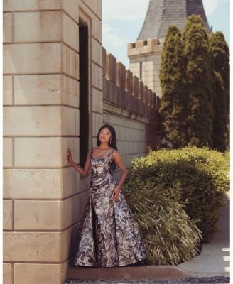 Mac Duggal Brocade Sleeveless Square Neck Gown With Overskirt
