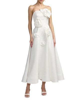 Mac Duggal Strapless Satin A-Line Gown with 3D Floral Applique