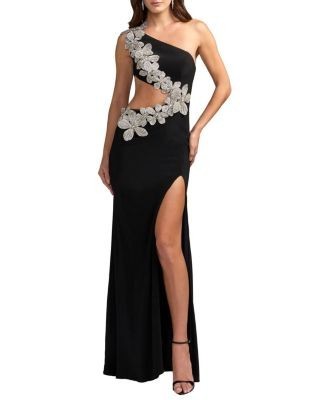 Mac Duggal One Shoulder Jersey Gown With Floral Detail