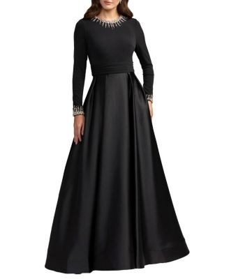 Mac Duggal Jersey and Satin Long Sleeve A-Line Gown