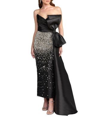 Mac Duggal Strapless Crystal Embellished Satin Dress With Bow