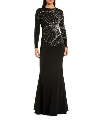 Mac Duggal Long Sleeve Jersey Gown With Beaded Flower