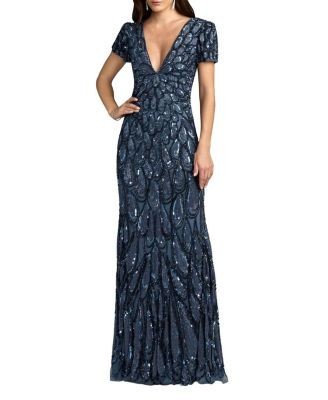 Mac Duggal Petite Beaded Sequin V-Neck Cap Sleeve Fitted Column Gown