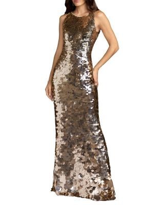 Mac Duggal Sleeveless High Neck Disc Sequin A Line Gown