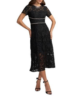 Mac Duggal Short Sleeve Lace Midi Dress With Rhinestone Trim