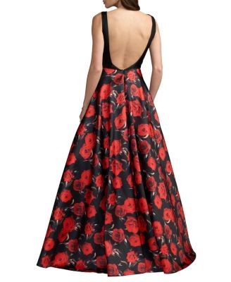Mac Duggal Petite Floral Printed Mikado Open Back Sleeveless Gown