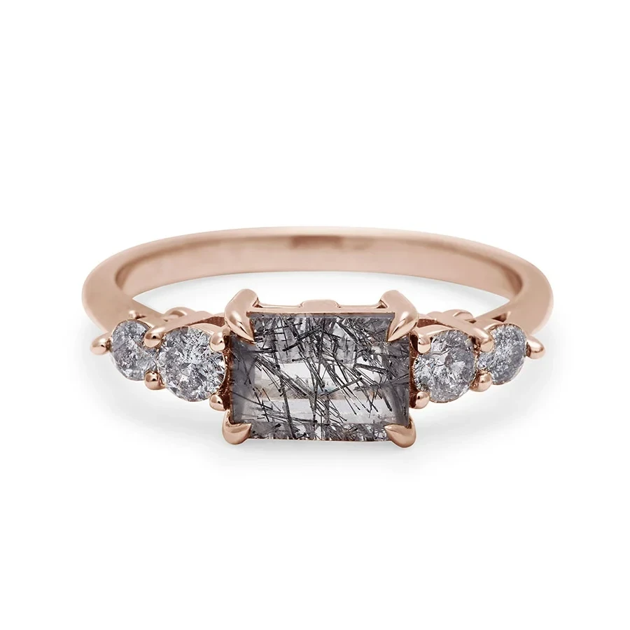 Bea Five Stone Ring - 14k Gold, Black Rutilated Quartz (7x5mm) & Diamonds