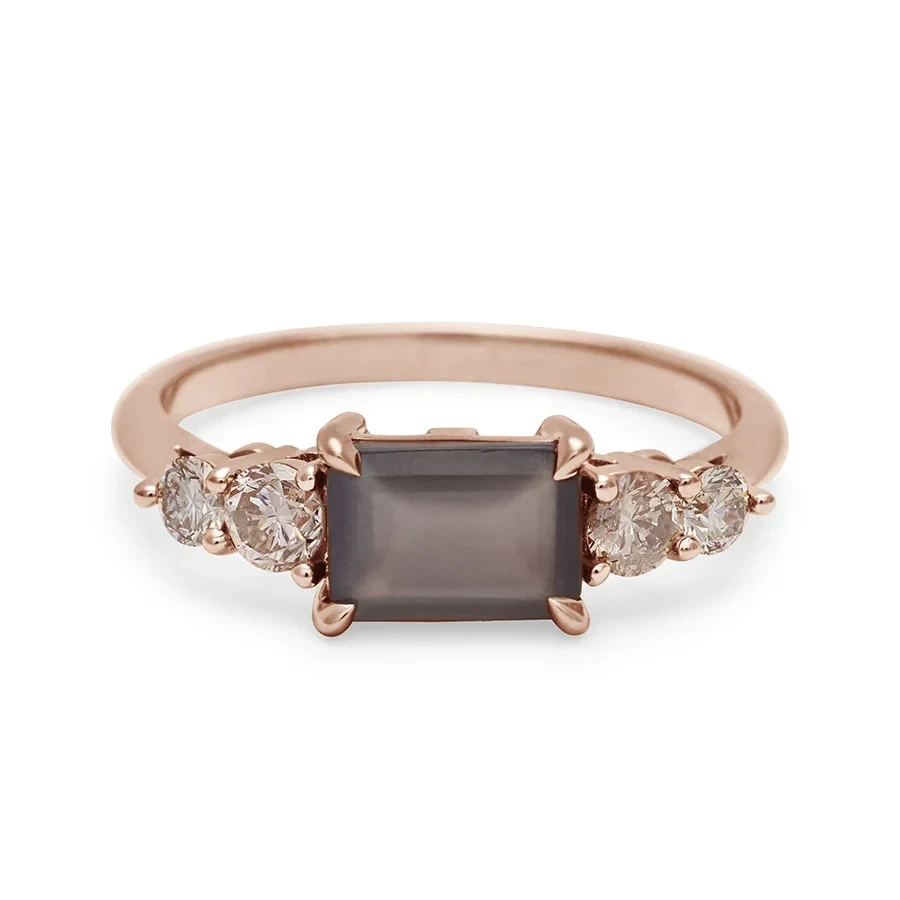 Bea Five Stone Ring - 14k Gold, Grey Moonstone (7x5mm) & Diamonds