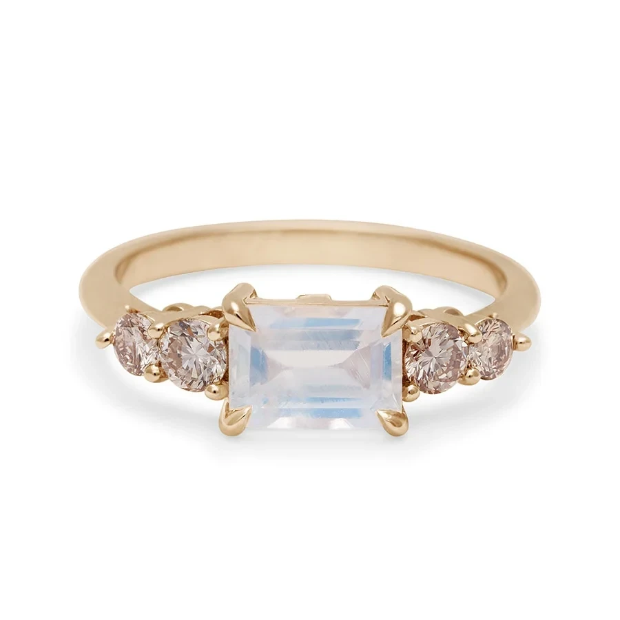 Bea Five Stone Ring - 14k Gold, Rainbow Moonstone (7x5mm) & Diamonds