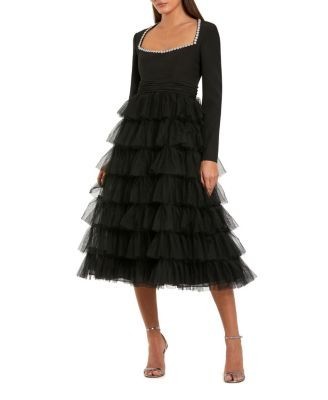 Mac Duggal Crepe And Tulle Long Sleeve Ruffle Midi Dress