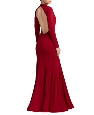 Mac Duggal Mock Neck Long Sleeve Cut Out Jersey Gown