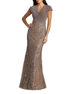 Mac Duggal Jersey Wrap Top Floral Sequin Gown