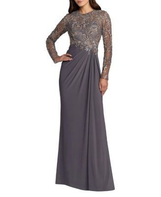 Mac Duggal Long Sleeve Jersey Beaded Embroidered Gown