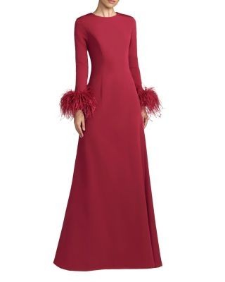 Mac Duggal Crepe Long Sleeve A Line Gown With Feather Trim