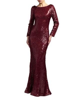 Mac Duggal High Neck Long Sleeve Cowl Back Sequin Gown