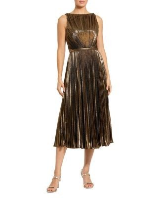 Mac Duggal Metallic Pleated High Neck Midi Dress