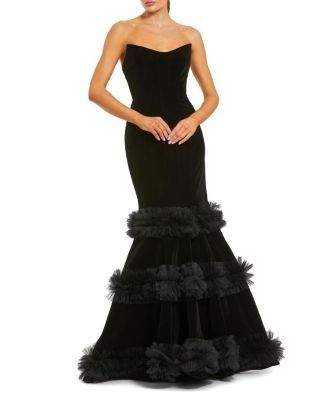 Mac Duggal Strapless Velvet Mermaid Gown With Tiered Ruffles