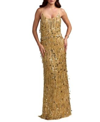 Mac Duggal Embellished Fringe Sleeveless Column Gown